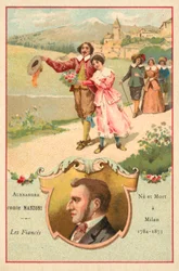 Alessandro Manzoni, autore italiano, e una scena dal suo romanzo I Promessi Sposi